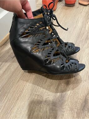 Dolce Vita Black Cutout Lace-Up Wedge Sandals
